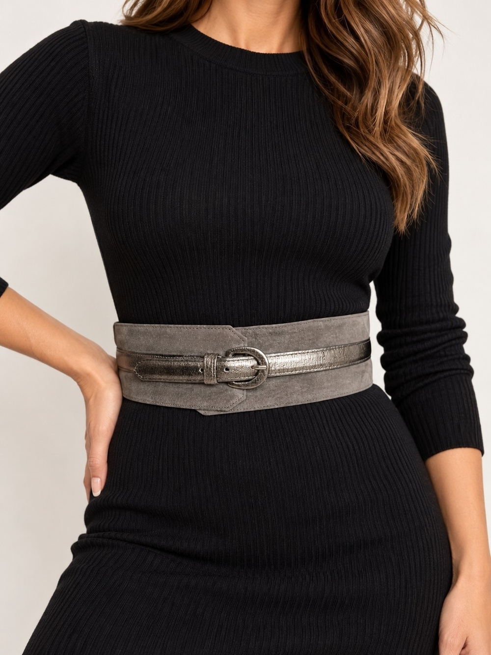 Vintage Jaeger Gray Suede Metallic Silver Leather Wide Cinch Waist Belt 75/30